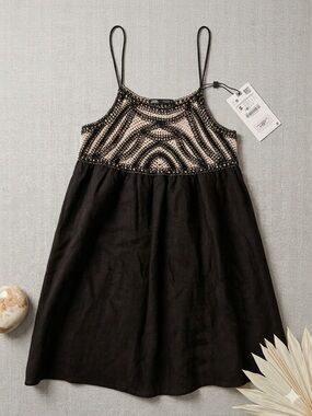 Zara Black Dress with Cream Embroidered Bodice